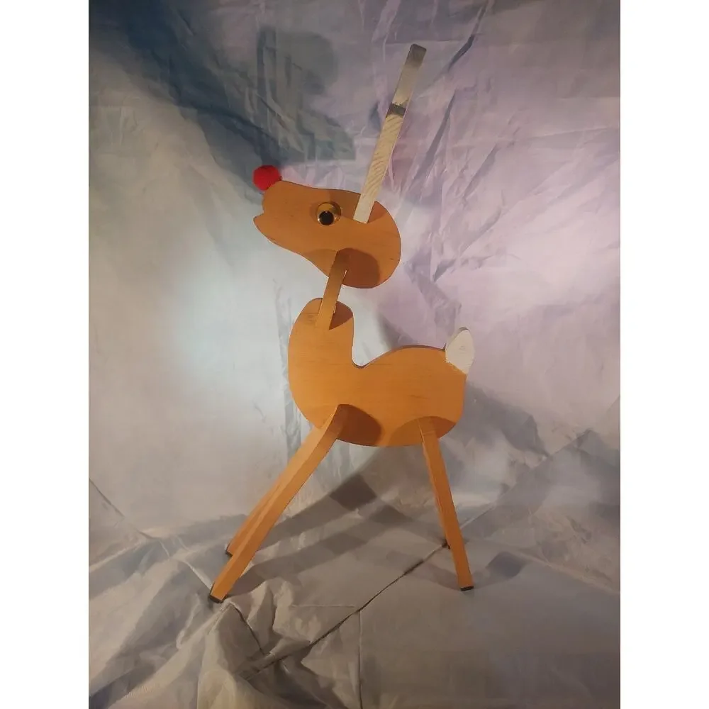 Vintage Rudolph Reindeer Christmas Decoration 19.5” Painted Wood Slot Build